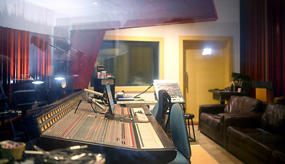 Image showing Music, studio and production with audio equipment in an empty room for the entertainment industry. Interior, creative and recrding with musical electronics to produce, enhance or control sound