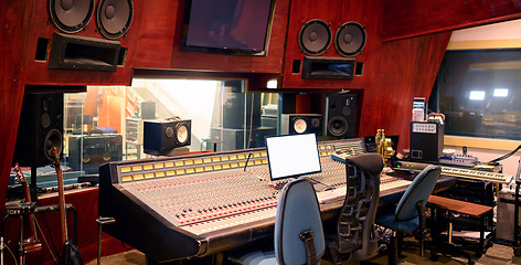 Image showing Music, studio and technology with recording equipment in an empty room for the entertainment industry. Interior, creative and audio with musical electronics to produce, record or control sound