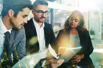 Image showing Planning, tablet and people with digital overlay for corporate strategy, collaboration and teamwork in finance. Stock market research, data analytics and business manager or employees in city office