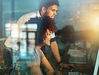 Image showing Training, overlay and employees with a computer for business, planning and reading email at night. Digital, happy and man helping a woman with internet, workplace website or overtime deadline on pc