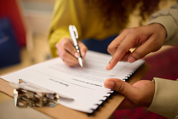 Image showing Contract, client hands and legal document of terms of use agreement with lawyer consultant. Signature, paperwork and assets policy of woman reading to sign documents with pen at a consulting meeting