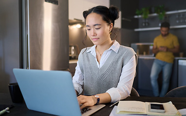 Image showing Startup, laptop and business woman working remote work from home typing a growth strategy or project online. Employee, worker or Asian freelancer doing research on a website, web or internet