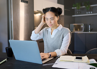 Image showing Thinking, idea and business Asian woman with laptop working on report, online proposal and project at home. Remote work, documents and female worker with computer for research, strategy and planning