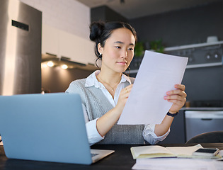 Image showing Finance, budget and Asian woman reading documents, paperwork and financial report for company startup. Accounting, remote work and female worker with laptop for planning, kpi strategy and analytics