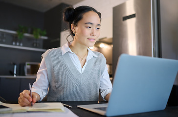 Image showing Writing, notebook and business Asian woman with laptop working on report, online proposal and project at home. Remote work, startup and female worker with computer for research, strategy and planning