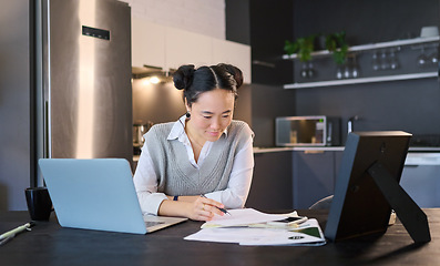 Image showing Paperwork, documents and business woman is working remote work for growth or planning a project online. Employee, worker or Asian entrepreneur or freelancer doing research for a startup