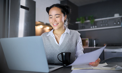 Image showing Finance documents, budget and Asian woman with laptop, paperwork and financial review for company startup. Accounting, remote work and female worker on computer for planning, kpi strategy and report