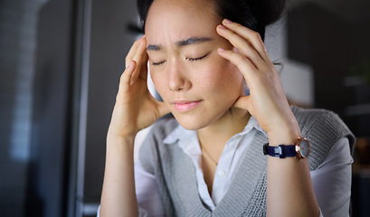 Image showing Stress, headache and woman with burnout, anxiety and problems with mental health at night. Tired, pain and asian girl suffering from insomnia, stressed and pressure, unhappy and frustrated