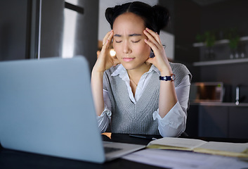 Image showing Headache, stress and woman on laptop, glitch and burnout while working at night in a kitchen. Tired, entrepreneur and business fail by asian female worker frustrated with online, project and mistake