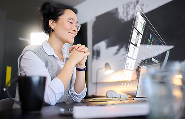 Image showing Digital overlay, futuristic computer data and ai hologram with a asian woman with 3d design. Ux, future and laptop infographic of a virtual reality designer employee doing a graphic analysis on web