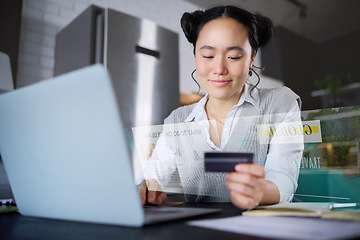 Image showing Laptop, hologram and woman with credit card for travel, holiday booking or online shopping. 3d tech, futuristic computer ui and Asian female paying for global vacation destination in kitchen at night