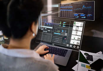 Image showing Woman, laptop hologram and dashboard of media, stock market data or economy of network innovation. Financial analysis, computer and digital overlay of graphs, database and global investment analytics