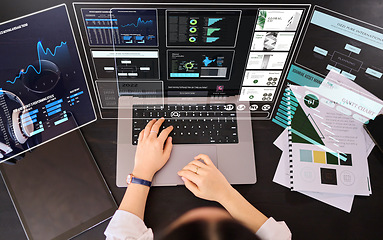 Image showing Woman, laptop hologram and stock market finance from above of economy, network or asset management. Financial analysis, computer and digital overlay of graphs, database or global investment analytics