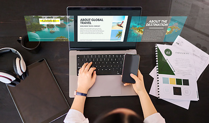 Image showing Hands, phone and laptop with website hologram for travel, trip or planning destination for holiday getaway at office. Hand of woman employee checking 3D digital homepage or searching on computer