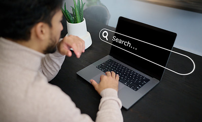 Image showing Man, hands and laptop hologram with search engine, seo database and user software for network innovation. Computer, research and typing on digital overlay for website, internet information and online