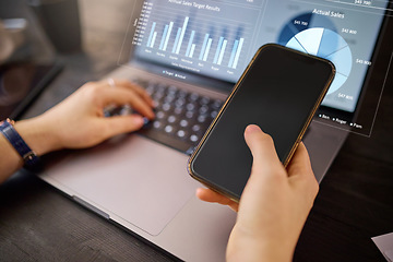 Image showing Hands, phone and laptop with hologram in analytics for chart, graph or marketing statistics. Hand of analyst checking 3D digital data for corporate or company sales on computer with smartphone mockup