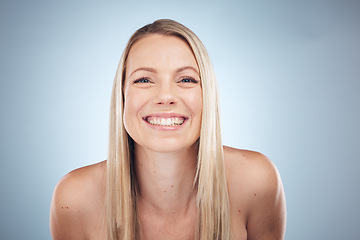 Image showing Portrait, dental and beauty with a model woman in studio on a gray background showing her big smile. Aesthetic, skin and oral hygiene with an attractive female posing to promote teeth whitening