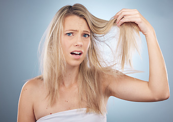 Image showing Hair loss, face portrait and shocked woman in studio isolated on a gray background. Beauty, surprised and female model sad, angry or frustrated with haircare damage, split ends or messy hairstyle.