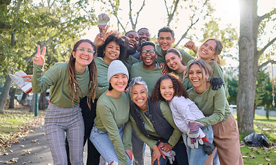 Image showing Teamwork, community and portrait of people cleaning park, forest and woods for healthy environment. Support, charity and group of volunteers smile for eco friendly, recycling and sustainable earth