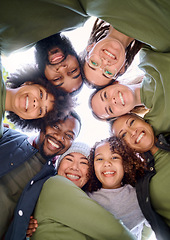 Image showing Teamwork, community and face of people in circle for support, motivation and working together outdoors. Collaboration, diversity and portrait of group smile for for volunteer, charity and social work