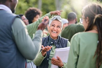 Image showing Volunteer, team and people in nature for community service, teamwork and planning with leadership, goals and strategy. Senior person or leader for management in forest, park or eco friendly project