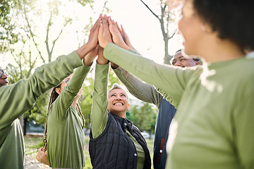 Image showing High five, nature and people hands from team building at wellness retreat with community and support. Volunteer, happiness and smile of support group excited with collaboration, trust and solidarity