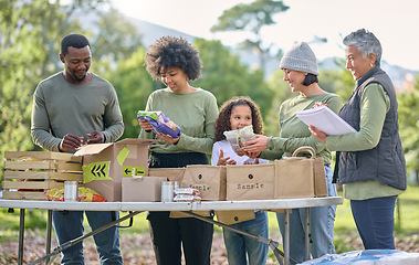 Image showing Volunteering, charity food and people with child for sustainability, poverty help and community service in park. Gardening, fruits and vegetable planning, management and teamwork of kid and friends