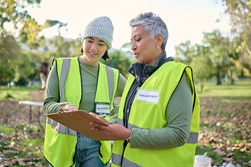 Image showing People, charity and clipboard for food donation, volunteer or teamwork for eco friendly environment. Women volunteering workers planning in sustainability for community healthcare, help or wellness