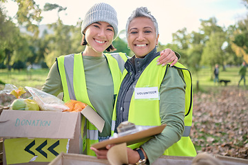 Image showing People, charity and portrait smile for food donation, volunteer or teamwork for eco friendly environment. Women volunteering workers smiling together in happiness for community healthcare or wellness