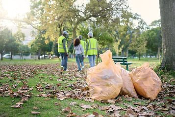 Image showing Trash cleaning, plastic bag or community volunteer done with garbage, pollution or waste product clean up. Container, NGO charity or eco friendly people help with nature park for environment support