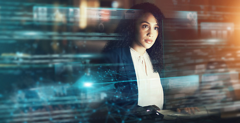 Image showing Futuristic, AI and business woman, cyber data and connectivity, iot overlay and technology innovation. Digital transformation, tech analytics and mockup space, web dashboard and internet holographic