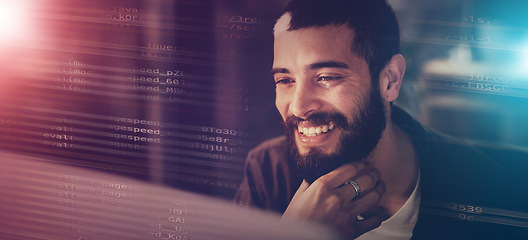 Image showing Computer code, face and happy man coding software for online network database, website or cloud computing service. App programmer, night HTML overlay and developer programming phishing cyber security