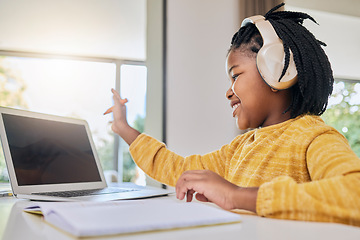 Image showing Blank screen, student learning and computer with kid knowledge development at home. Happy, headphones and young person counting numbers with hands in a house for school elearning with happiness