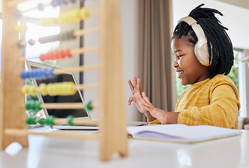 Image showing Abacus, child learning and computer of a kid with knowledge development at home. Happy, headphones and young person counting numbers with hands in a house for school elearning with happiness