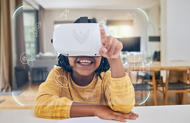 Image showing African girl child, vr education and house with 3d overlay, hand and futuristic ux for homework, study and happy. Young female, school student and ar ui for learning, development and smile at table