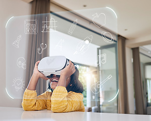 Image showing African girl child, ar learning and home with 3d overlay, hand or futuristic ux display for homework, study or happy. Young female, school student and vr ui for education, happiness or smile at table