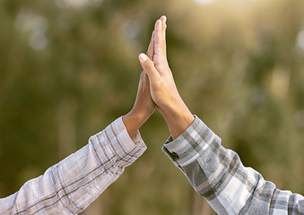 Image showing High five, success and hands of agriculture business partnership with motivation from b2b deal. Agreement, yes and success hand sign of people outdoor with blurred background and winner gesture