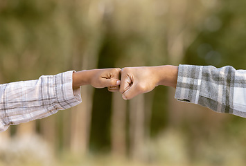 Image showing Hands, fist bump and friends in agreement, deal or collaboration on mockup blurred background. Hand of people touching fists in team building, support or partnership for victory, unity or community