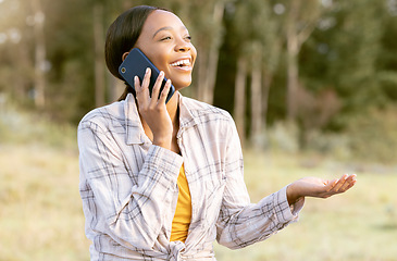 Image showing Black woman, nature woods and happy phone call with question, comic laugh and smile on grass in summer. Adventure, crazy smartphone conversation or funny talk for girl in sunshine, forest and outdoor