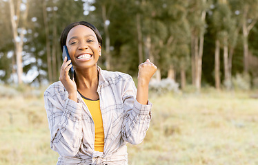 Image showing Winning, success and black woman on a phone call in nature, happy and excited about achievement. Winner, communication and African girl listening on a mobile in a field in Australia with mockup