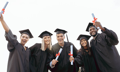 Image showing Graduation, friends and portrait of students with success, education award and achievement in college. School, graduate and group of people in celebration for certificate, diploma and academic degree