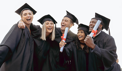 Image showing Education, university and students in celebration for graduation, success and achievement in college. School, future goals and excited group of friends with certificate, diploma and academic degree