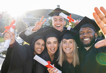 Image showing University student group, selfie and holding diploma with pride, success and happiness with support for diversity. Friends, students and graduate celebration photo for education, learning and future