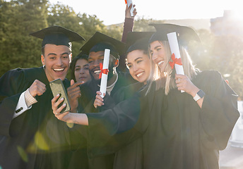 Image showing University student group, selfie and holding certificate together for photo, social media or success in study goal. Friends, students and graduate celebration for education, learning and diversity