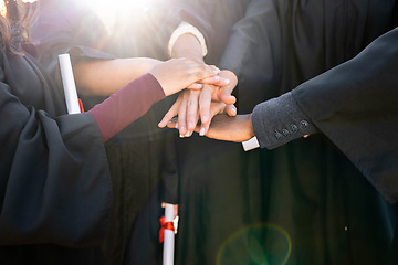Image showing Graduation, graduate celebration and hands, together and support, diploma with community and college people achievement. University degree, education and learning growth with ceremony and solidarity