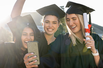 Image showing University student group, women and selfie with diploma, diversity and success for study goal in sunshine. Friends, students and graduation celebration for with smartphone, social media and web blog