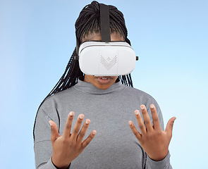 Image showing Vr, gaming and hands with black woman and metaverse for future, cyber and 3d system. Media, ui and web technology with girl and headset for internet, augmented reality and data in studio background