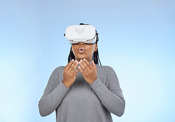 Image showing 3D vr and surprise with black woman and gaming for future, cyber and metaverse. Media, ui and web technology with girl gamer and headset for internet, augmented reality and data in studio background