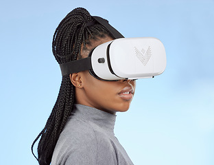 Image showing Vr, gaming and digital with black woman and metaverse for future, cyber and 3d system. Media, ui and web technology with girl gamer and headset for internet, augmented reality and data graphics