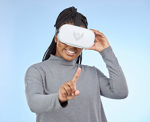 Image showing Vr, gaming and wow with black woman and metaverse for future, cyber and 3d system. Media, ui and web with gamer and headset for internet, augmented reality and technology in blue background studio